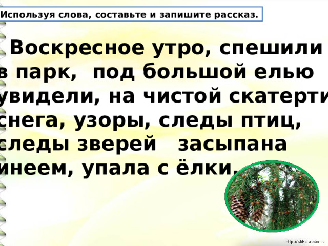 Используя слова, составьте и запишите рассказ.  Воскресное утро, спешили в парк, под большой елью увидели, на чистой скатерти снега, узоры, следы птиц, следы зверей засыпана инеем, упала с ёлки. 
