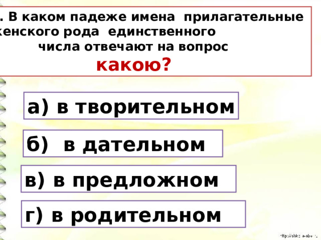 8. В каком падеже имена прилагательные женского рода единственного  числа отвечают на вопрос  какою? а) в творительном б) в дательном в) в предложном г) в родительном 