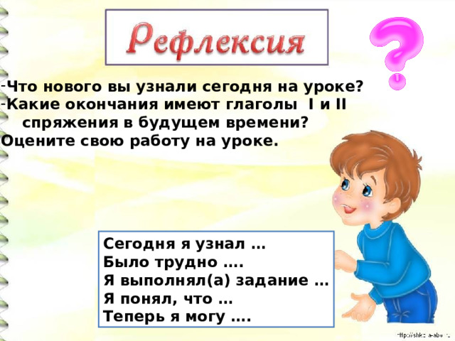Что нового вы узнали сегодня на уроке? Какие окончания имеют глаголы I и II   спряжения в будущем времени? Оцените свою работу на уроке. Сегодня я узнал … Было трудно …. Я выполнял(а) задание … Я понял, что … Теперь я могу …. 