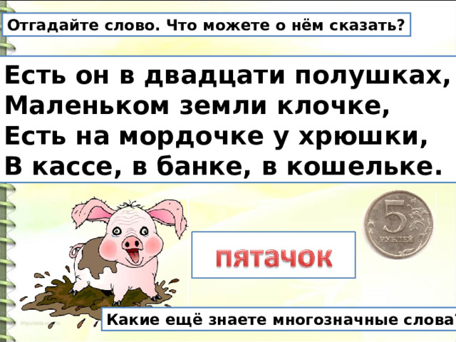 Отгадайте слово. Что можете о нём сказать? Есть он в двадцати полушках, Маленьком земли клочке, Есть на мордочке у хрюшки, В кассе, в банке, в кошельке. Какие ещё знаете многозначные слова? 