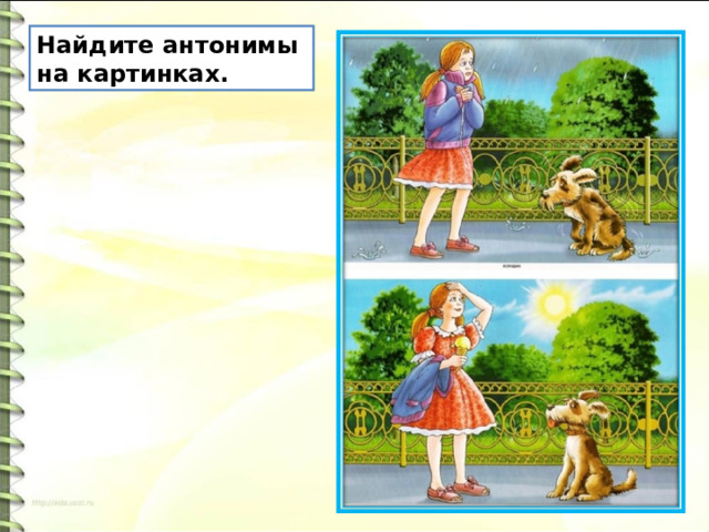 Найдите антонимы на картинках. 