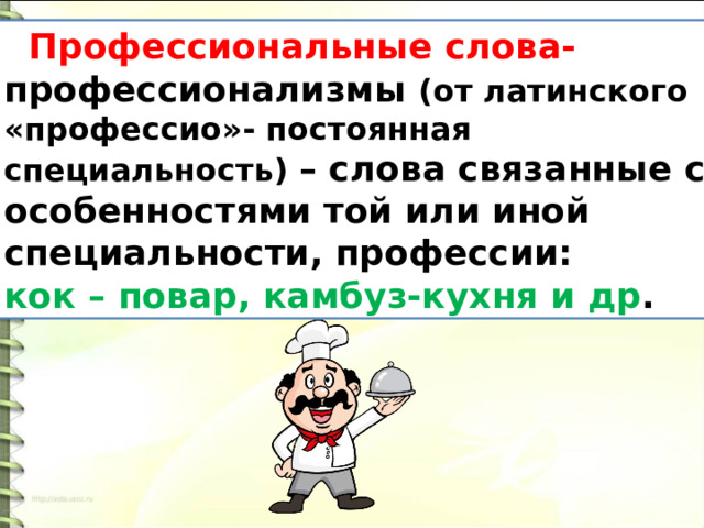  Профессиональные слова- профессионализмы (от латинского «профессио»- постоянная специальность) – слова связанные с особенностями той или иной специальности, профессии: кок – повар, камбуз-кухня и др . 