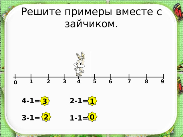 Решите примеры вместе с зайчиком. 2 3 4 5 6 7 8 9 1 0 4-1=  3-1= 2-1=  1-1= 3 1 2 0 