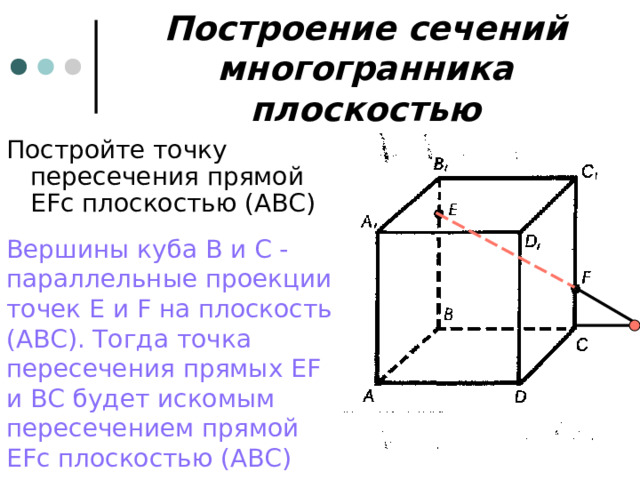 Построение сечений многогранника плоскостью Постройте точку пересечения прямой Е F с плоскостью (АВС) Вершины куба В и С - параллельные проекции точек Е и F на плоскость (АВС). Тогда точка пересечения прямых Е F и ВС будет искомым пересечением прямой Е F с плоскостью (АВС) 