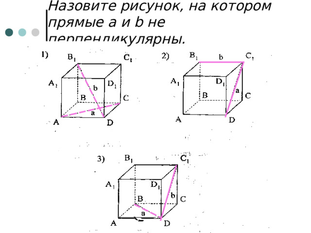 Назовите рисунок, на котором прямые  a и b не перпендикулярны. 
