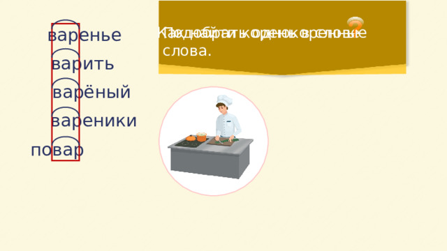 Повар корень слова. Однокоренные слова к слову варка. Варенье однокоренные слова. Схема слова варит.