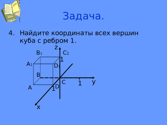 Задача. Найдите координаты всех вершин куба с ребром 1. z С 1 В 1 1 А 1 D 1 В у С 1 D А 1 х 