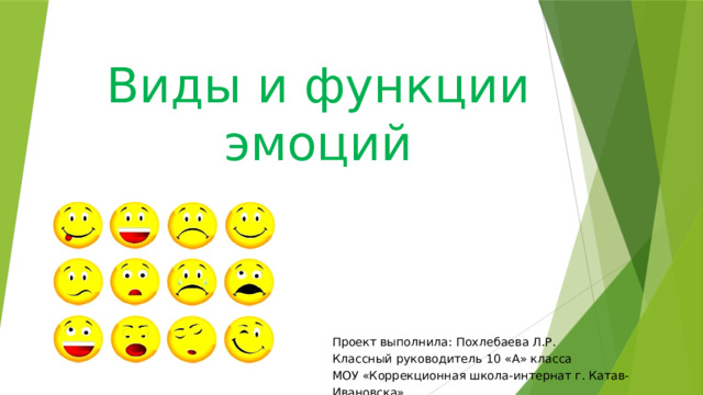 Виды и функции эмоций   Проект выполнила: Похлебаева Л.Р. Классный руководитель 10 «А» класса МОУ «Коррекционная школа-интернат г. Катав- Ивановска» 