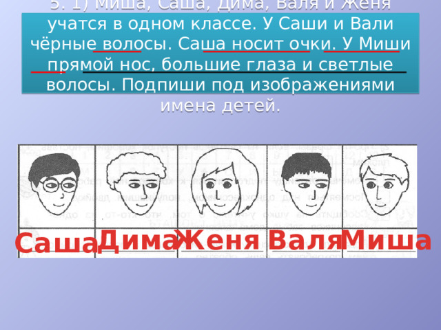 5. 1) Миша, Саша, Дима, Валя и Женя учатся в одном классе. У Саши и Вали чёрные волосы. Саша носит очки. У Миши прямой нос, большие глаза и светлые волосы. Подпиши под изображениями имена детей. Дима Женя Валя Миша Саша 