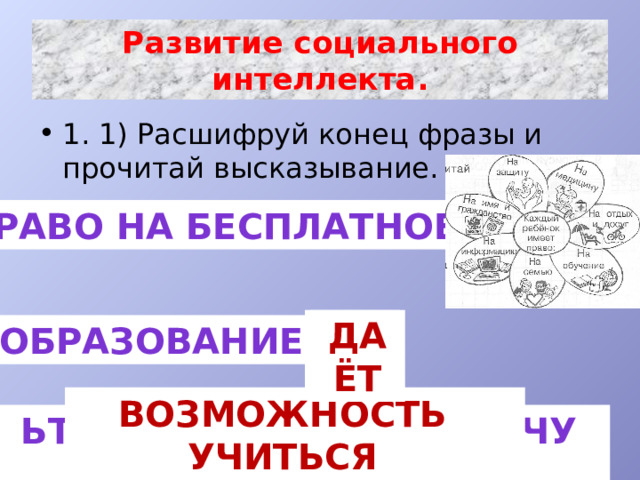 Развитие социального интеллекта. 1. 1) Расшифруй конец фразы и прочитай высказывание. Право на бесплатное тёад даёт образование возможность учиться в школе Ьтсонжомзов ясьтичу в елокш 