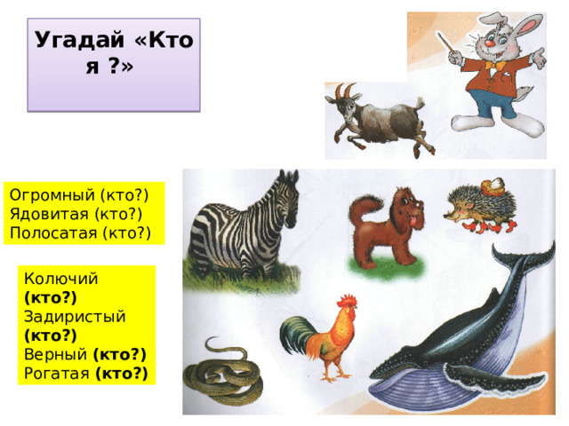 Угадай «Кто я ?»   Огромный (кто?) Ядовитая (кто?) Полосатая (кто?) Колючий (кто?)  Задиристый (кто?)  Верный (кто?) Рогатая (кто?) 