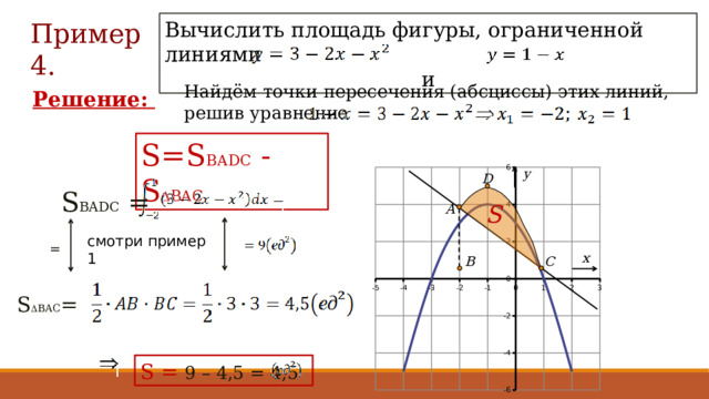 Пример 4 . Вычислить площадь фигуры, ограниченной линиями  и  Найдём точки пересечения (абсциссы) этих линий, решив уравнение Решение: S=S BADC - S  BAC y D S BADC = S A смотри пример 1 = x C B S  BAC = S = 9 – 4,5 = 4,5 19 