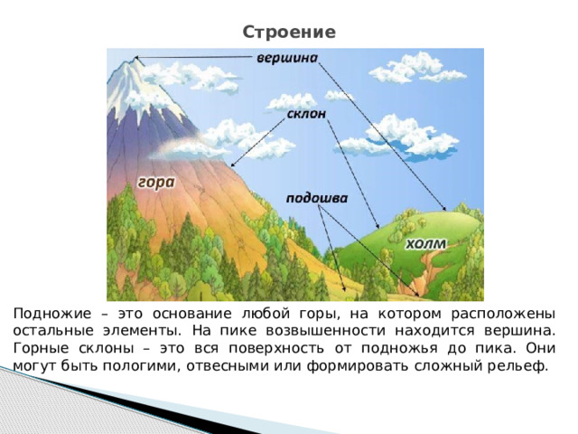 Строение Подножие – это основание любой горы, на котором расположены остальные элементы. На пике возвышенности находится вершина. Горные склоны – это вся поверхность от подножья до пика. Они могут быть пологими, отвесными или формировать сложный рельеф. 