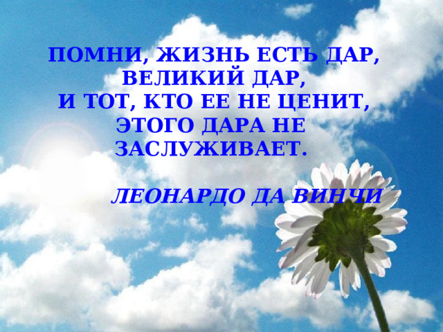 Помни, жизнь есть дар,  Великий дар,  И тот, Кто ее не ценит,  Этого дара не заслуживает.     Леонардо Да Винчи 
