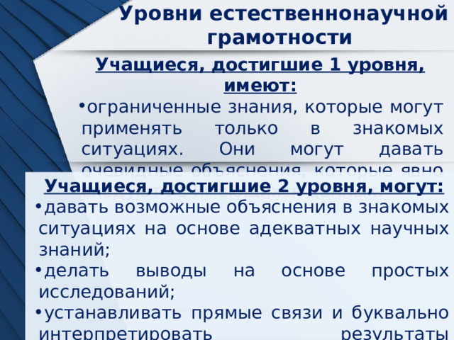  Уровни естественнонаучной грамотности Учащиеся, достигшие 1 уровня, имеют: ограниченные знания, которые могут применять только в знакомых ситуациях. Они могут давать очевидные объяснения, которые явно следуют из имеющихся данных. Учащиеся, достигшие 2 уровня, могут: давать возможные объяснения в знакомых ситуациях на основе адекватных научных знаний; делать выводы на основе простых исследований; устанавливать прямые связи и буквально интерпретировать результаты исследований или технологические решения. 