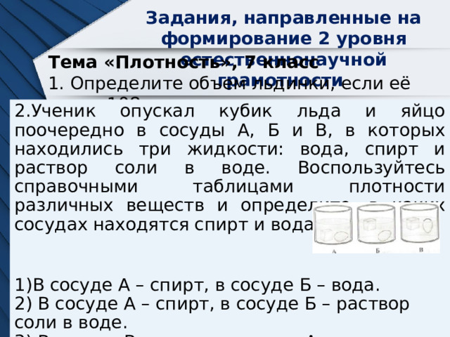 Задания, направленные на формирование 2 уровня естественнонаучной грамотности Тема «Плотность», 7 класс 1. Определите объем льдинки, если её масса 108 г. Ученик опускал кубик льда и яйцо поочередно в сосуды А, Б и В, в которых находились три жидкости: вода, спирт и раствор соли в воде. Воспользуйтесь справочными таблицами плотности различных веществ и определите, в каких сосудах находятся спирт и вода. В сосуде А – спирт, в сосуде Б – вода.  В сосуде А – спирт, в сосуде Б – раствор соли в воде.  В сосуде В – спирт, в сосуде А – вода.  В сосуде В – спирт, в сосуде Б – раствор соли в воде. 