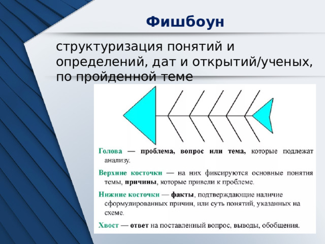 Фишбоун структуризация понятий и определений, дат и открытий/ученых, по пройденной теме 