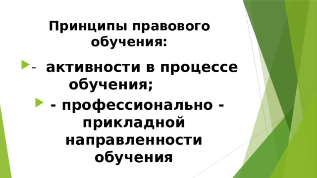 Принципы правового обучения: - активности в процессе обучения;  - профессионально - прикладной направленности обучения 