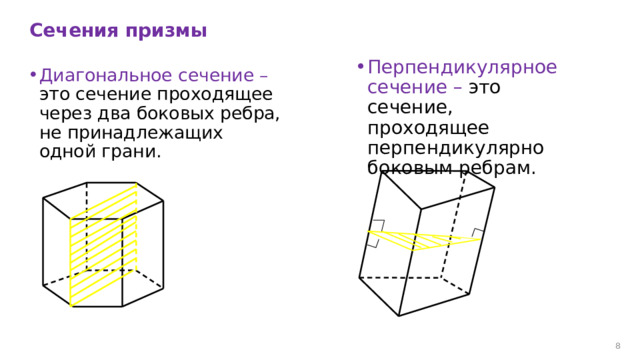 Призма боковые ребра которой перпендикулярны основаниям называется. Призма и ее элементы. Мерное сечение это.