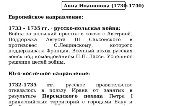 Анна Иоанновна (1730-1740) Европейское направление:  1733 – 1735 гг. - русско-польская война: Война за польский престол в союзе с Австрией. Поддержка Августа III Саксонского в противовес С.Лещинскому, которого поддерживала Франция. Военный поход русских войск под командованием П.П. Ласси. Успешное решение целей войны. Юго-восточное направление: 1732-1735 гг. русское правительство отказалось в пользу Ирана от занятых в результате Персидского похода Петра I прикаспийских территорий с городами Баку и Дербентом. 