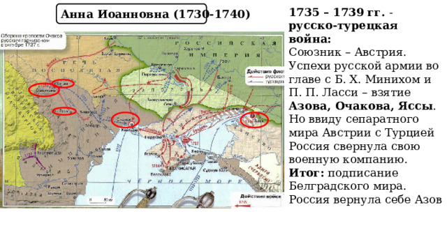 1735 – 1739 гг. - русско-турецкая война: Союзник – Австрия. Успехи русской армии во главе с Б. Х. Минихом и П. П. Ласси – взятие Азова, Очакова, Яссы . Но ввиду сепаратного мира Австрии с Турцией Россия свернула свою военную компанию. Итог: подписание Белградского мира. Россия вернула себе Азов Анна Иоанновна (1730-1740) 