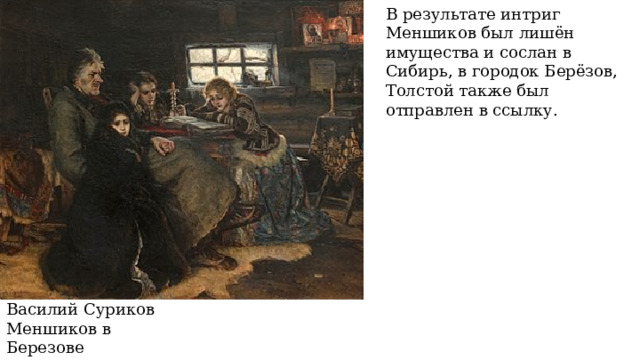 В результате интриг Меншиков был лишён имущества и сослан в Сибирь, в городок Берёзов, Толстой также был отправлен в ссылку. Василий Суриков Меншиков в Березове 1883 г. 