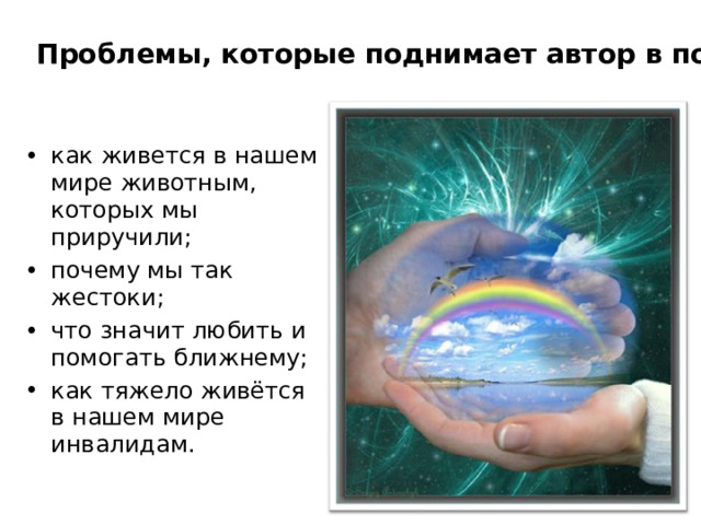 Проблемы, которые поднимает автор в повести:  как живется в нашем мире животным, которых мы приручили; почему мы так жестоки; что значит любить и помогать ближнему; как тяжело живётся в нашем мире инвалидам. 