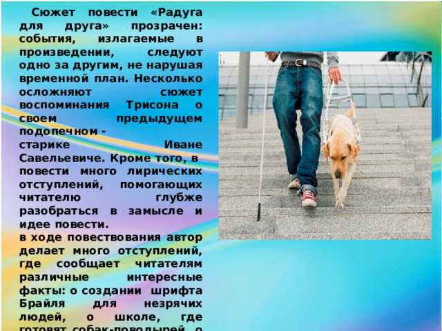  Сюжет повести «Радуга для друга» прозрачен: события, излагаемые в произведении, следуют одно за другим, не нарушая временной план. Несколько осложняют сюжет воспоминания Трисона о своем предыдущем подопечном - старике Иване Савельевиче. Кроме того, в повести много лирических отступлений, помогающих читателю глубже разобраться в замысле и идее повести. в ходе повествования автор делает много отступлений, где сообщает читателям различные интересные факты: о создании шрифта Брайля для незрячих людей, о школе, где готовят собак-поводырей, о самых известных памятниках собакам, о том, как и когда в нашей стране появились лабрадоры  