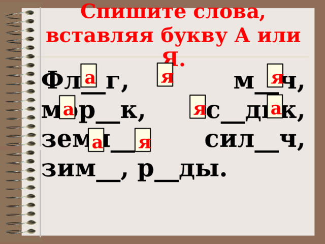 Спишите слова, вставляя букву А или Я. Фл__г, м__ч, мор__к, с__дик, земл__, сил__ч, зим__, р__ды. я а я а я а а я 