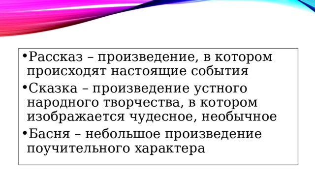 Рассказ – произведение, в котором происходят настоящие события Сказка – произведение устного народного творчества, в котором изображается чудесное, необычное Басня – небольшое произведение поучительного характера 