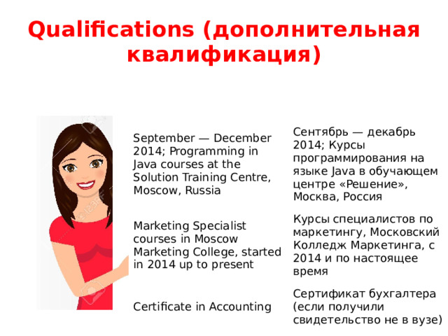 Qualifications (дополнительная квалификация) September — December 2014; Programming in Java courses at the Solution Training Centre, Moscow, Russia Сентябрь — декабрь 2014; Курсы программирования на языке Java в обучающем центре «Решение», Москва, Россия Marketing Specialist courses in Moscow Marketing College, started in 2014 up to present Курсы специалистов по маркетингу, Московский Колледж Маркетинга, с 2014 и по настоящее время Certificate in Accounting Сертификат бухгалтера (если получили свидетельство не в вузе) 