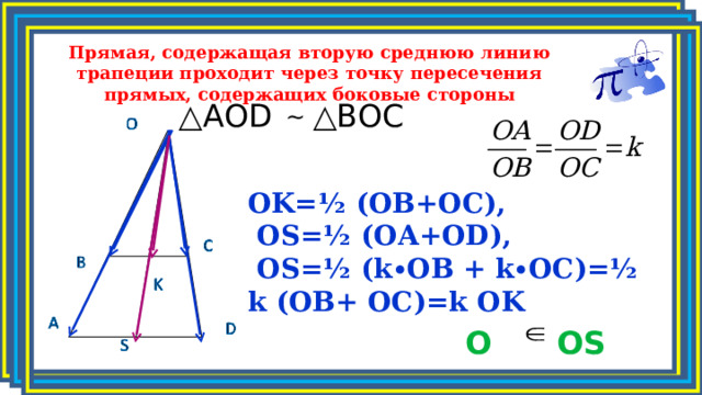 Прямая, содержащая вторую среднюю линию трапеции проходит через точку пересечения прямых, содержащих боковые стороны △ A O D △ B O C ~ OK = ½ (ОВ+ОС),  OS = ½ ( OA + OD ),  OS = ½ ( k ∙ OB + k ∙ OC )= ½ k ( OB + OC )= k OK O OS 