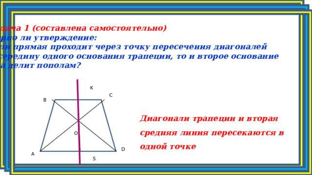 Задача 1 (составлена самостоятельно) Верно ли утверждение: если прямая проходит через точку пересечения диагоналей и середину одного основания трапеции, то и второе основание она делит пополам?  K C B Диагонали трапеции и вторая средняя линия пересекаются в одной точке O D A S 