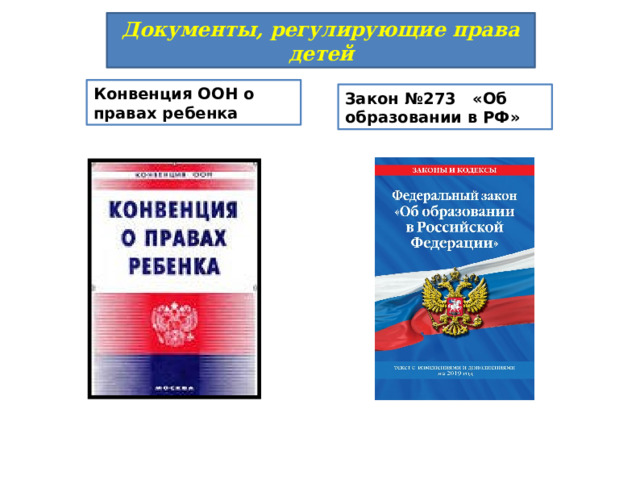 Документы, регулирующие права детей Конвенция ООН о правах ребенка Закон №273   «Об образовании в РФ» 