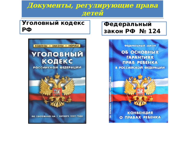 Документы, регулирующие права детей Уголовный кодекс РФ Федеральный закон РФ  № 124  
