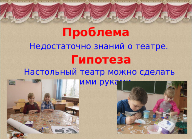 Проблема Недостаточно знаний о театре. Гипотеза  Настольный театр можно сделать своими руками. 