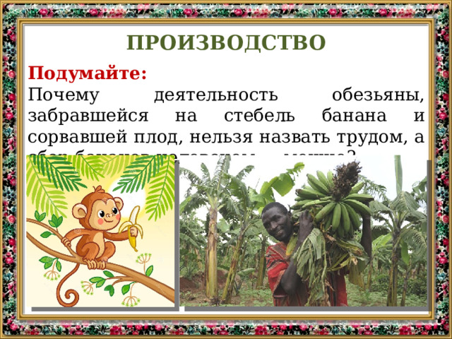 ПРОИЗВОДСТВО Подумайте:  Почему деятельность обезьяны, забравшейся на стебель банана и сорвавшей плод, нельзя назвать трудом, а сбор бананов человеком — можно? 