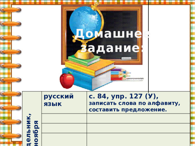 Домашнее задание: понедельник, 14 ноября русский язык с. 84, упр. 127 (У), записать слова по алфавиту, составить предложение. 