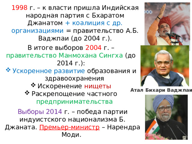 1998 г. – к власти пришла Индийская народная партия с Бхаратом Джанатом + коалиция с др. организациями = правительство А.Б. Ваджпаи (до 2004 г.). В итоге выборов 2004 г. – правительство Манмохана Сингха (до 2014 г.): Ускоренное развитие образования и здравоохранения Искоренение нищеты Раскрепощение частного предпринимательства Атал Бихари Ваджпаи Выборы 2014 г. – победа партии индуистского национализма Б. Джаната. Премьер-министр – Нарендра Моди. 