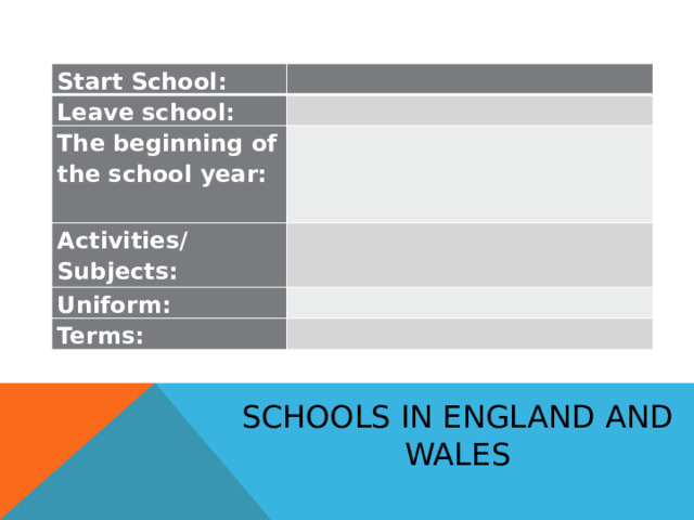 Start School:   Leave school:   The beginning of the school year:   Activities/Subjects:   Uniform:     Terms:   Schools in England and Wales 