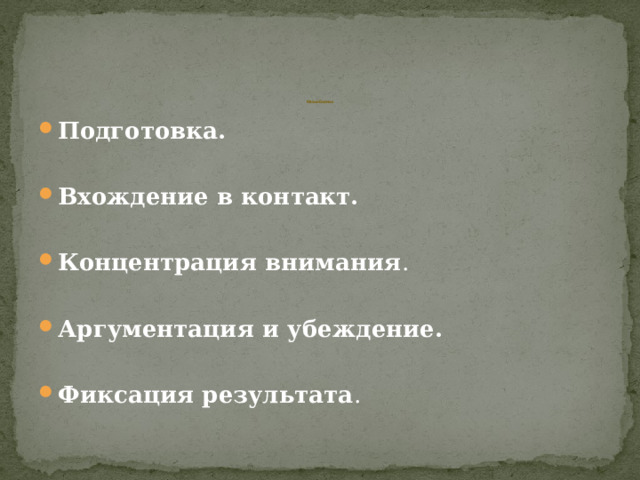          Фазы общения Подготовка.  Вхождение в контакт.  Концентрация внимания . Аргументация и убеждение.  Фиксация результата . 