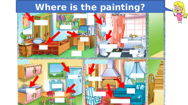 Answer the questions. Where is the fridge? Where is the table? Where is the mirror? Where is the washbasin? Where is the desk? Where is the bed? Where is the sink? Where is the wardrobe? Where is the sofa? Where is the coffee table? Where is the painting? 