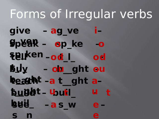 Forms of Irregular verbs a give – g_ve – g_ven i o o speak – sp_ke – sp_ken o tell – t_l_ - t_l_ o d d buy – b__ght – b__ght ou ou au teach – t__ght – t__ght au t build – buil_ - buil_ t see – s_w – s__n ee a 