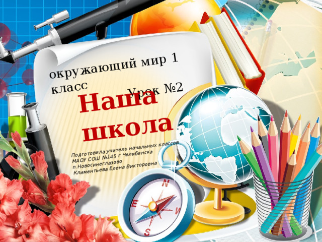 окружающий мир 1 класс  Урок №2 Наша школа Подготовила учитель начальных классов МАОУ СОШ №145 г.Челябинска п.Новосинеглазово Климентьева Елена Викторовна 