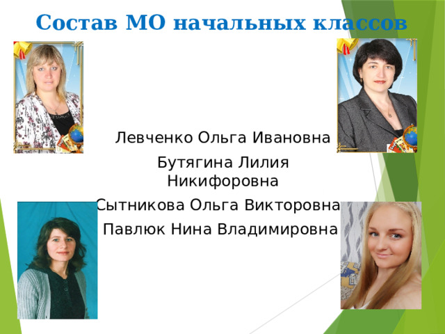 Состав МО начальных классов  Левченко Ольга Ивановна  Бутягина Лилия Никифоровна  Сытникова Ольга Викторовна  Павлюк Нина Владимировна 