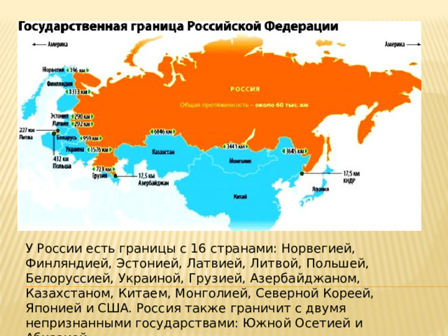 У России есть границы с 16 странами: Норвегией, Финляндией, Эстонией, Латвией, Литвой, Польшей, Белоруссией, Украиной, Грузией, Азербайджаном, Казахстаном, Китаем, Монголией, Северной Кореей, Японией и США. Россия также граничит с двумя непризнанными государствами: Южной Осетией и Абхазией 