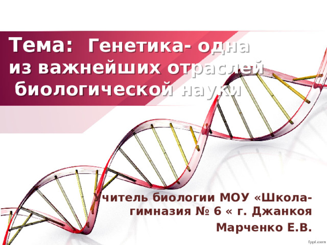 Тема: Генетика- одна  из важнейших отраслей  биологической науки Учитель биологии МОУ «Школа-гимназия № 6 « г. Джанкоя Марченко Е.В. 