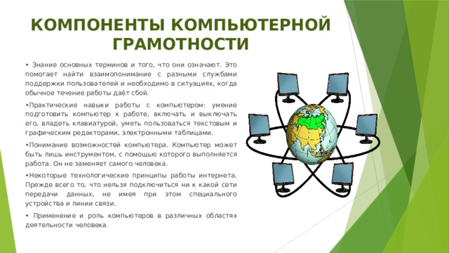 КОМПОНЕНТЫ КОМПЬЮТЕРНОЙ ГРАМОТНОСТИ • Знание основных терминов и того, что они означают. Это помогает найти взаимопонимание с разными службами поддержки пользователей и необходимо в ситуациях, когда обычное течение работы даёт сбой. • Практические навыки работы с компьютером: умение подготовить компьютер к работе, включать и выключать его, владеть клавиатурой, уметь пользоваться текстовым и графическим редакторами, электронными таблицами. • Понимание возможностей компьютера. Компьютер может быть лишь инструментом, с помощью которого выполняется работа. Он не заменяет самого человека. • Некоторые технологические принципы работы интернета. Прежде всего то, что нельзя подключиться ни к какой сети передачи данных, не имея при этом специального устройства и линии связи. • Применение и роль компьютеров в различных областях деятельности человека . 