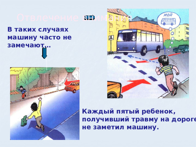 Отвлечение внимания В таких случаях машину часто не замечают…  Каждый пятый ребенок,  получивший травму на дороге,  не заметил машину. 