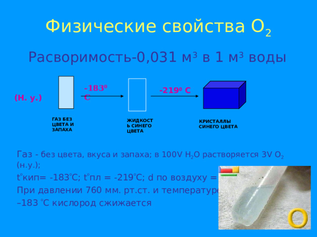 Физические свойства О 2 Расворимость-0,031 м 3 в 1 м 3 воды Газ - без цвета, вкуса и запаха; в 100 V H 2 O растворяется 3 V O 2 (н.у.); t  кип= -183  С; t  пл = -219  C ; d по воздуху = 1,1. При давлении 760 мм. рт.ст. и температуре – 183  С кислород сжижается -183 0 С -219 0 С (Н. у.) ГАЗ БЕЗ ЦВЕТА И ЗАПАХА ЖИДКОСТЬ СИНЕГО ЦВЕТА КРИСТАЛЛЫ СИНЕГО ЦВЕТА  